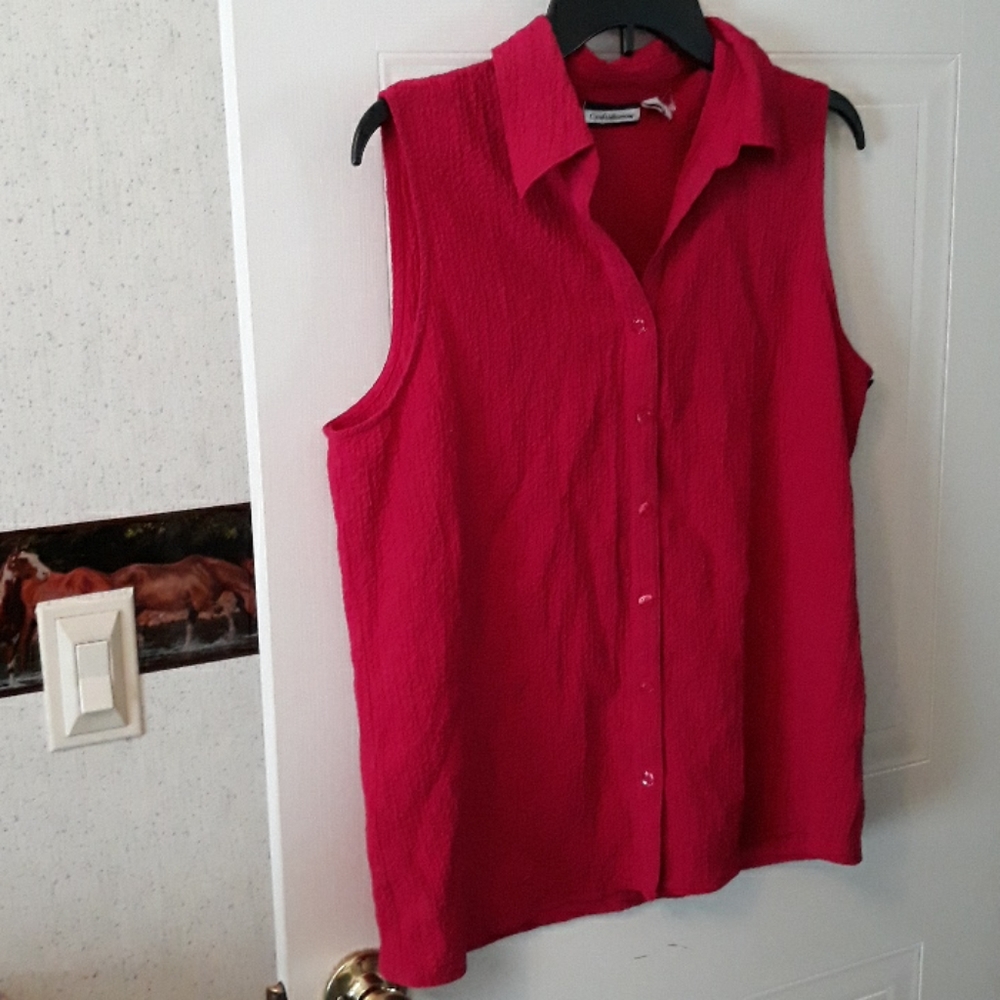 Fushia sleeveless button front v neck with collar